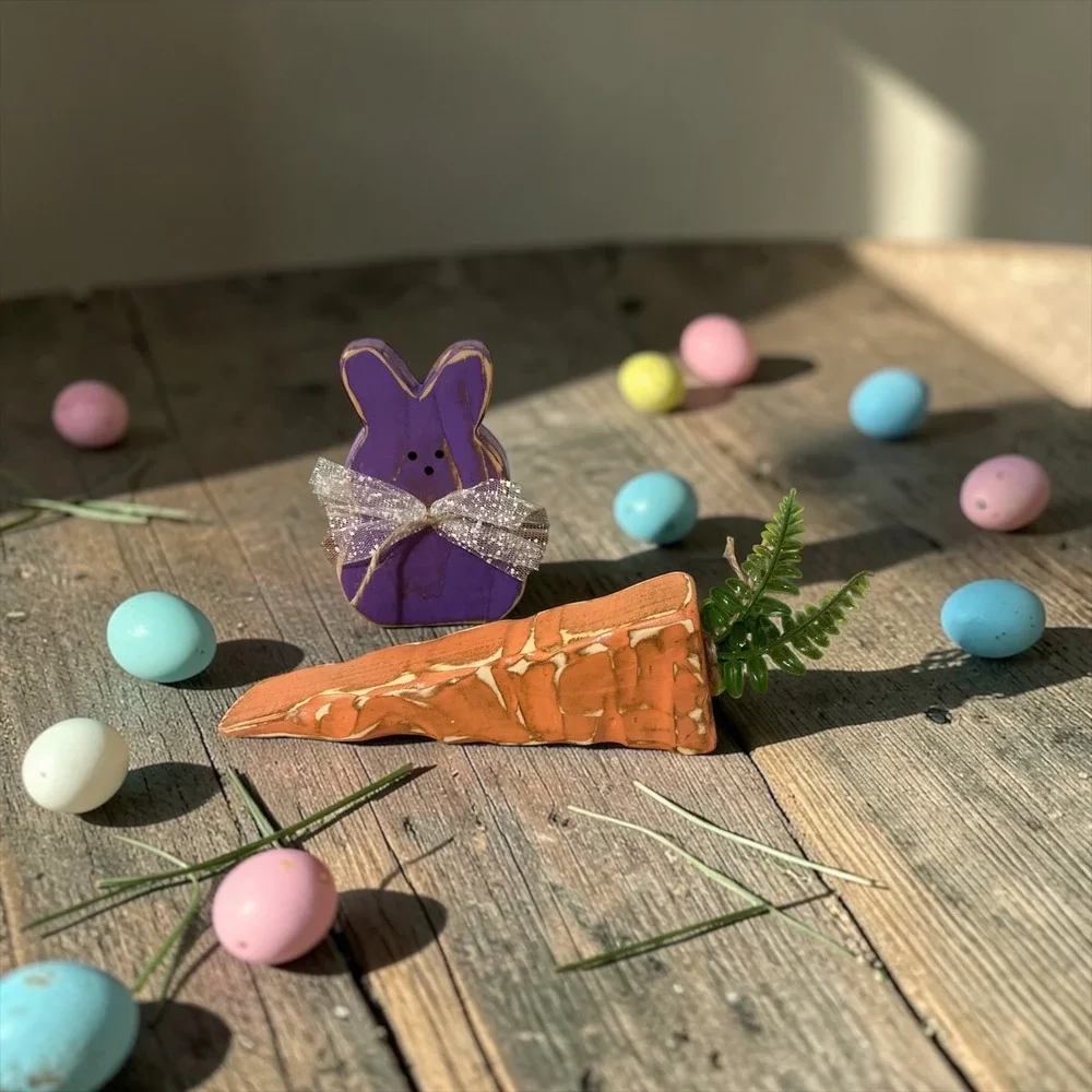 Rustic Wooden Easter Bunny and Carrot‎ Decor Set Purple Distressed Farmhouse